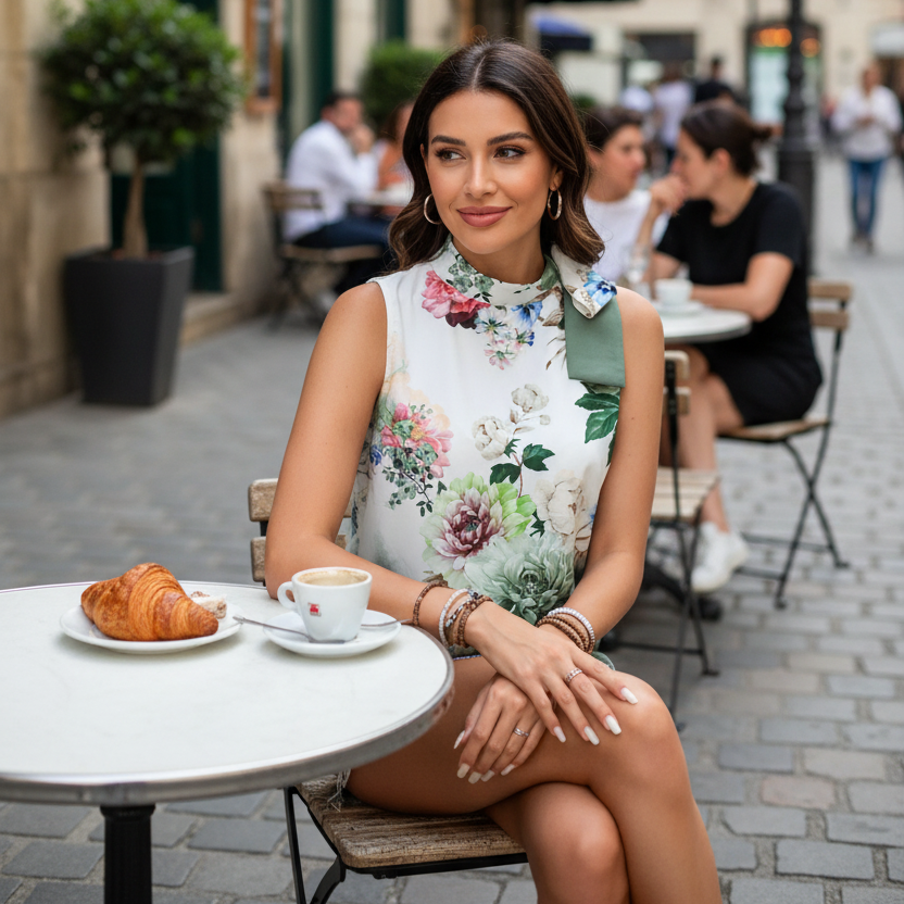 Oversized Bow Tie Dramatic High Mock Neck Sleeveless Top Retro Floral Blouse