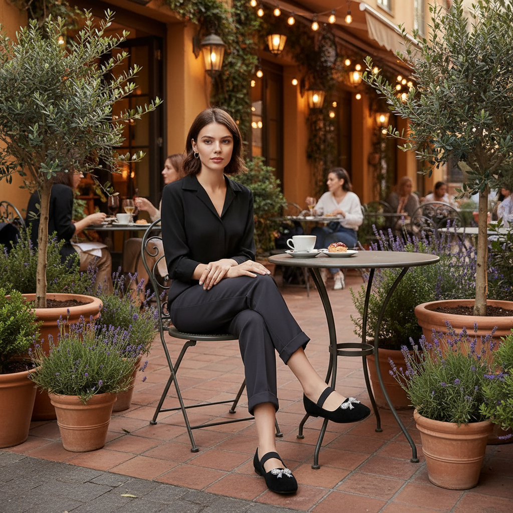 Rhinestone Pearl Bow Mary Jane Square Toe Ballet Flats Elastic Strap Slip-On Shoes