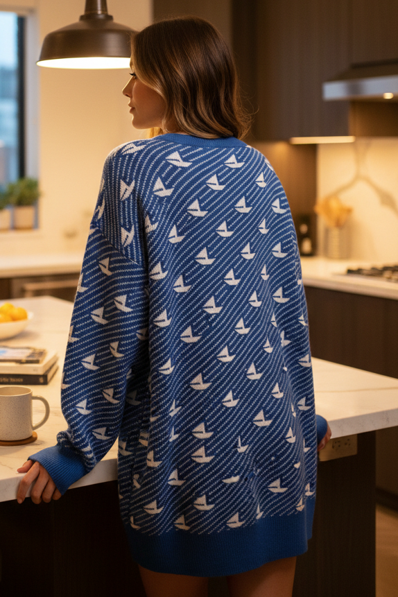 Sailboat Nautical Oversized Fit Crew Neck Long Sleeve Coastal Pullover Sweater