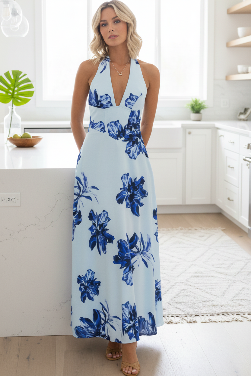 Corset Tie Open Back Plunging Halter V-Neck Flowing A-line Summer Maxi Dress