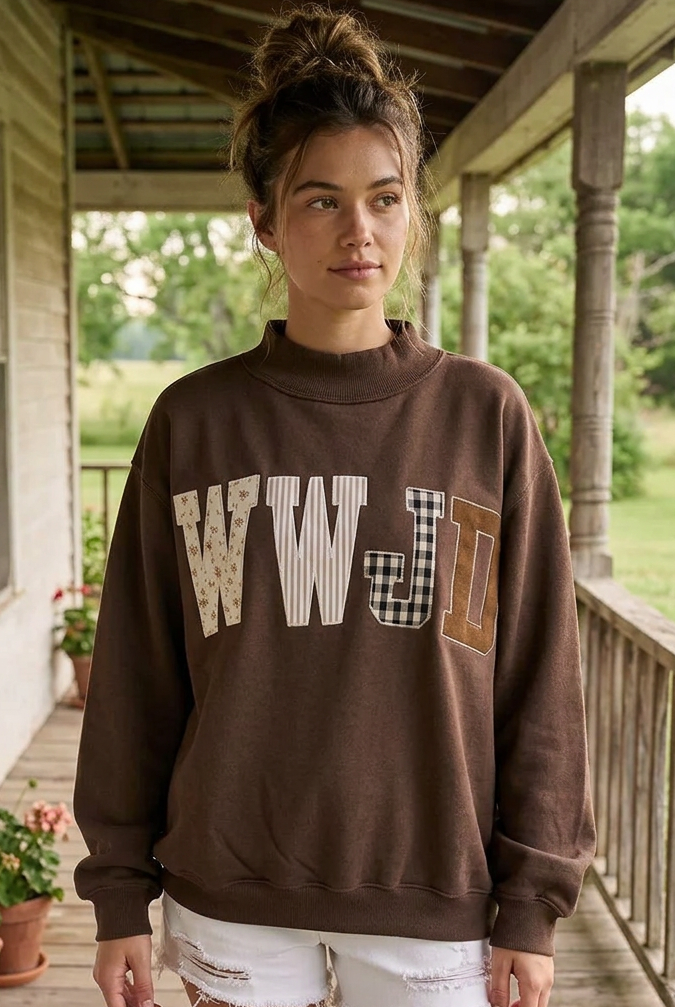 WWJD Embroidered Patchwork Mock Neck Jesus Sweatshirt Cotton Blend Oversized Pullover