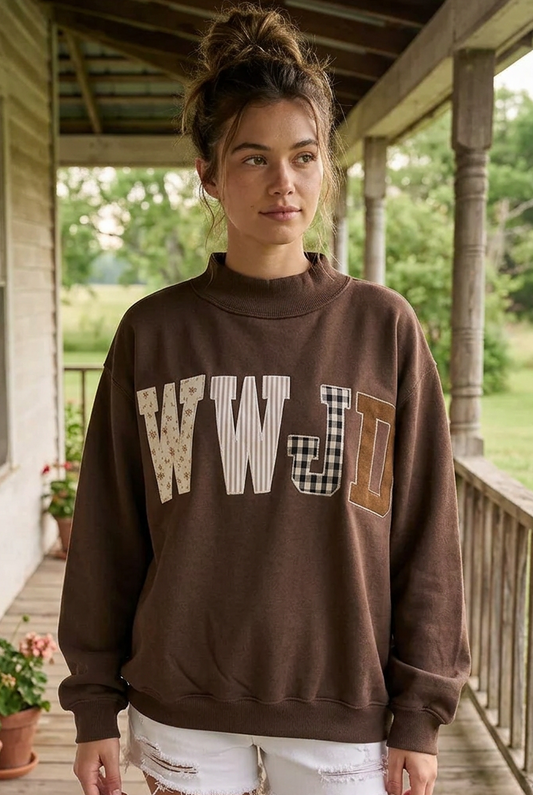 WWJD Embroidered Patchwork Mock Neck Jesus Sweatshirt Cotton Blend Oversized Pullover