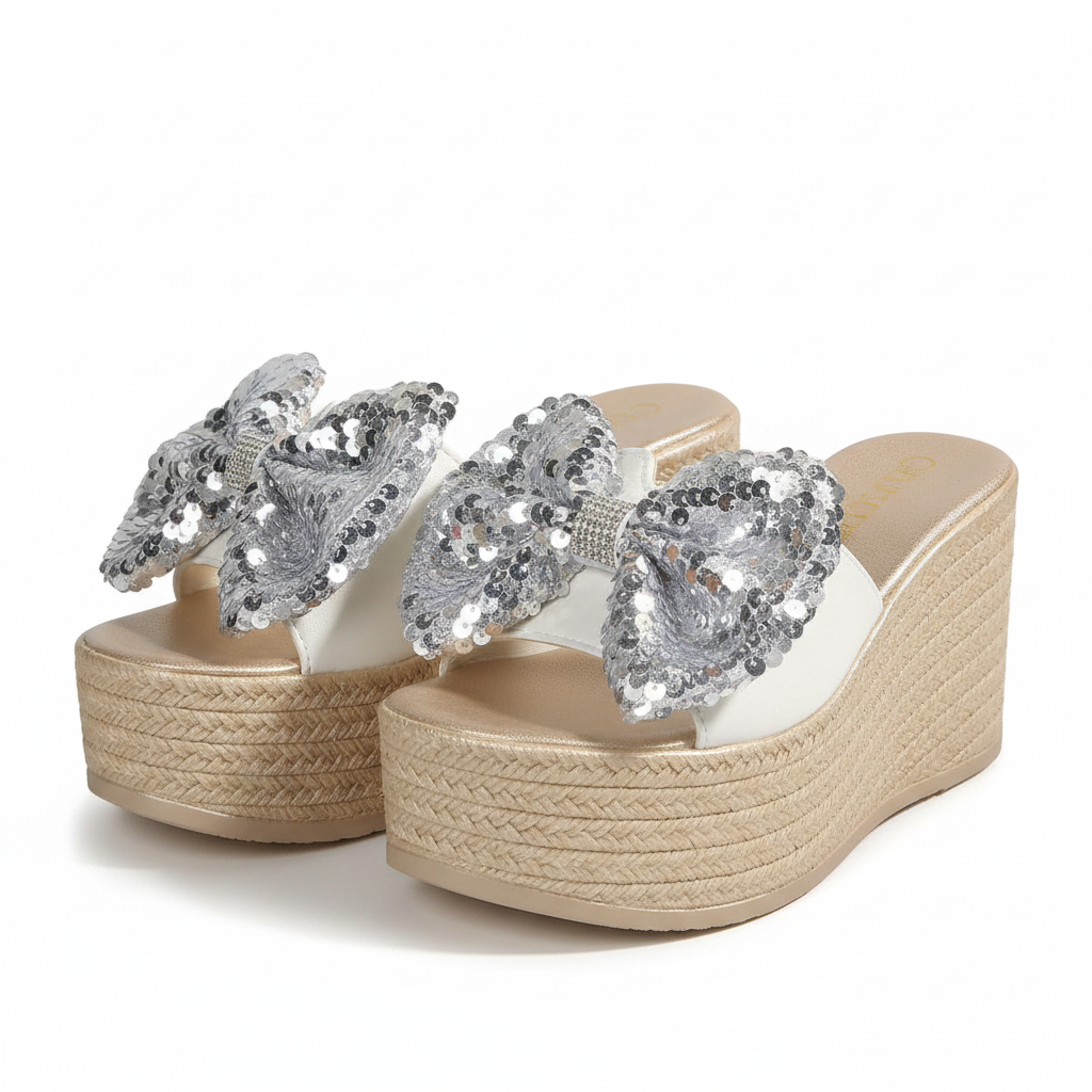 Oversized Sequin Bow Open Toe Shoes Chunky Bling Platform Wedge Sandals