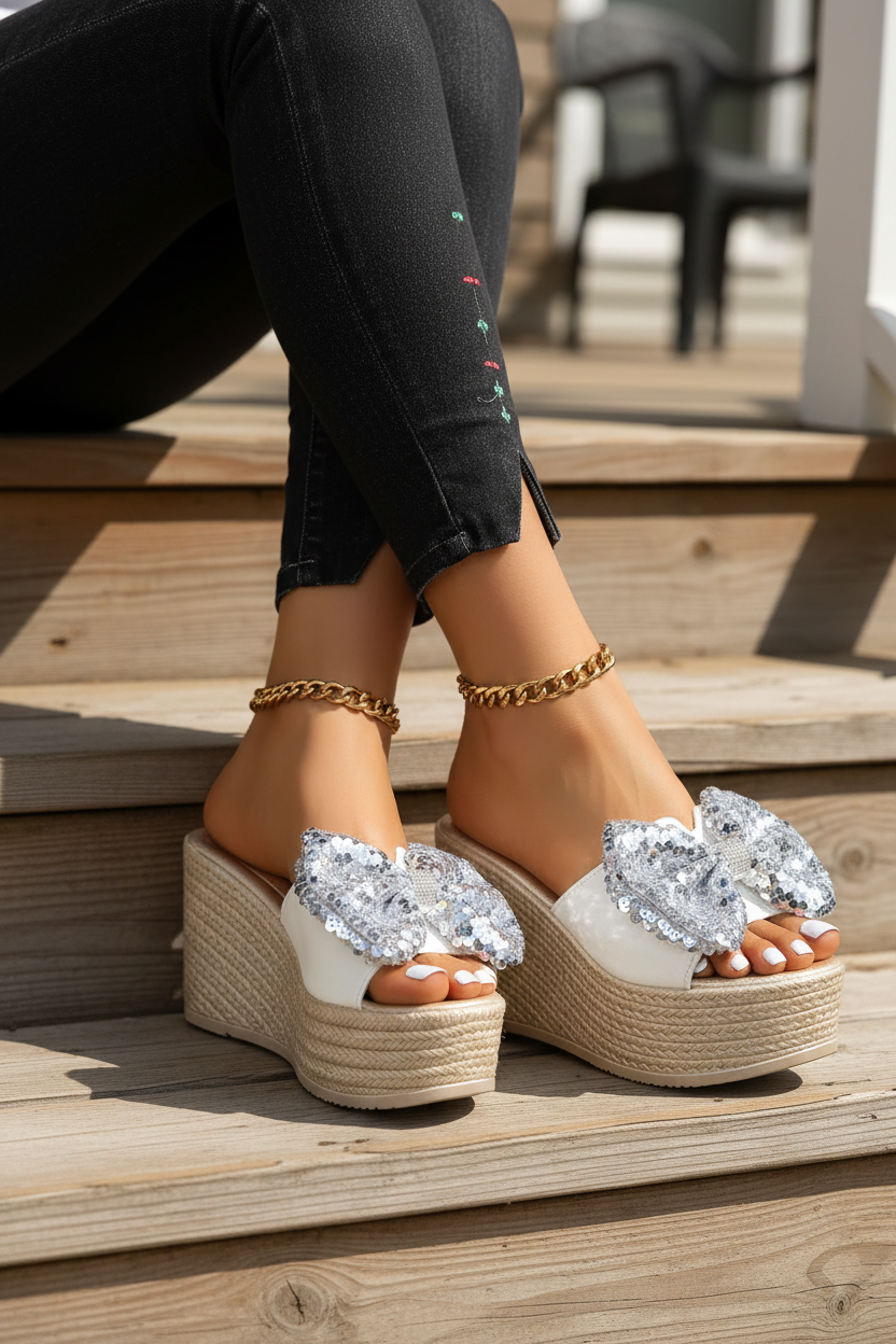 Oversized Sequin Bow Open Toe Shoes Chunky Bling Platform Wedge Sandals
