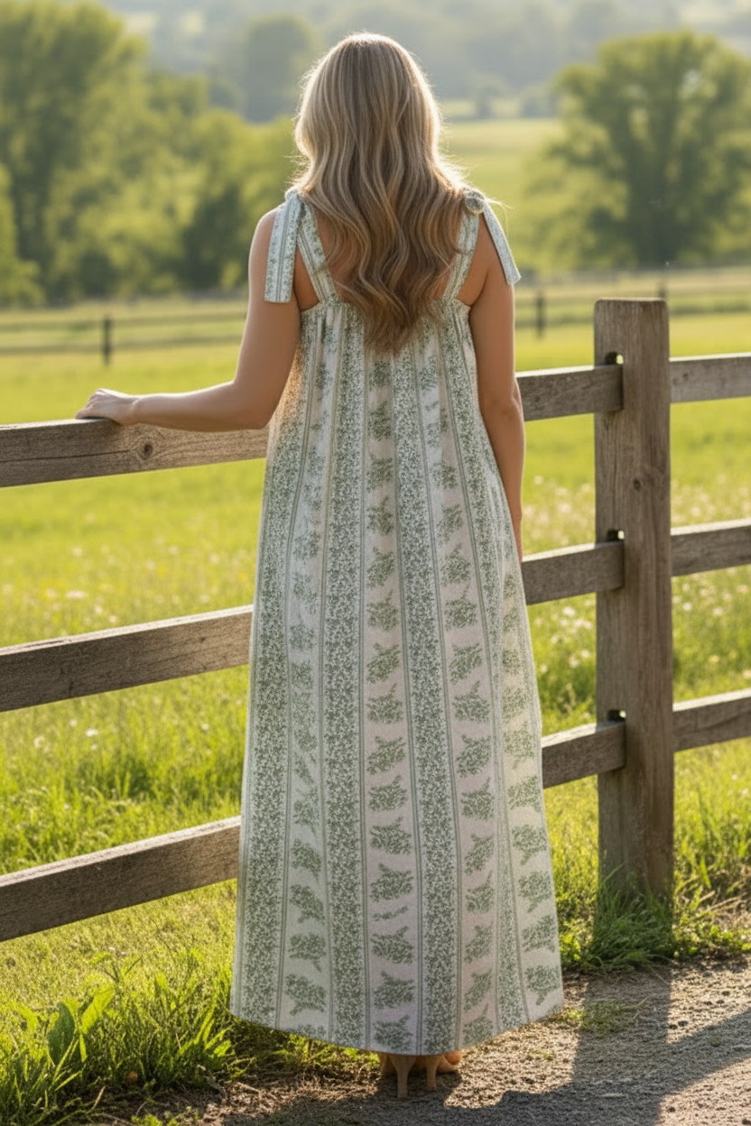 Tie Shoulder Babydoll Maxi Dress Square Neck Sleeveless Floral Cottagecore Dress