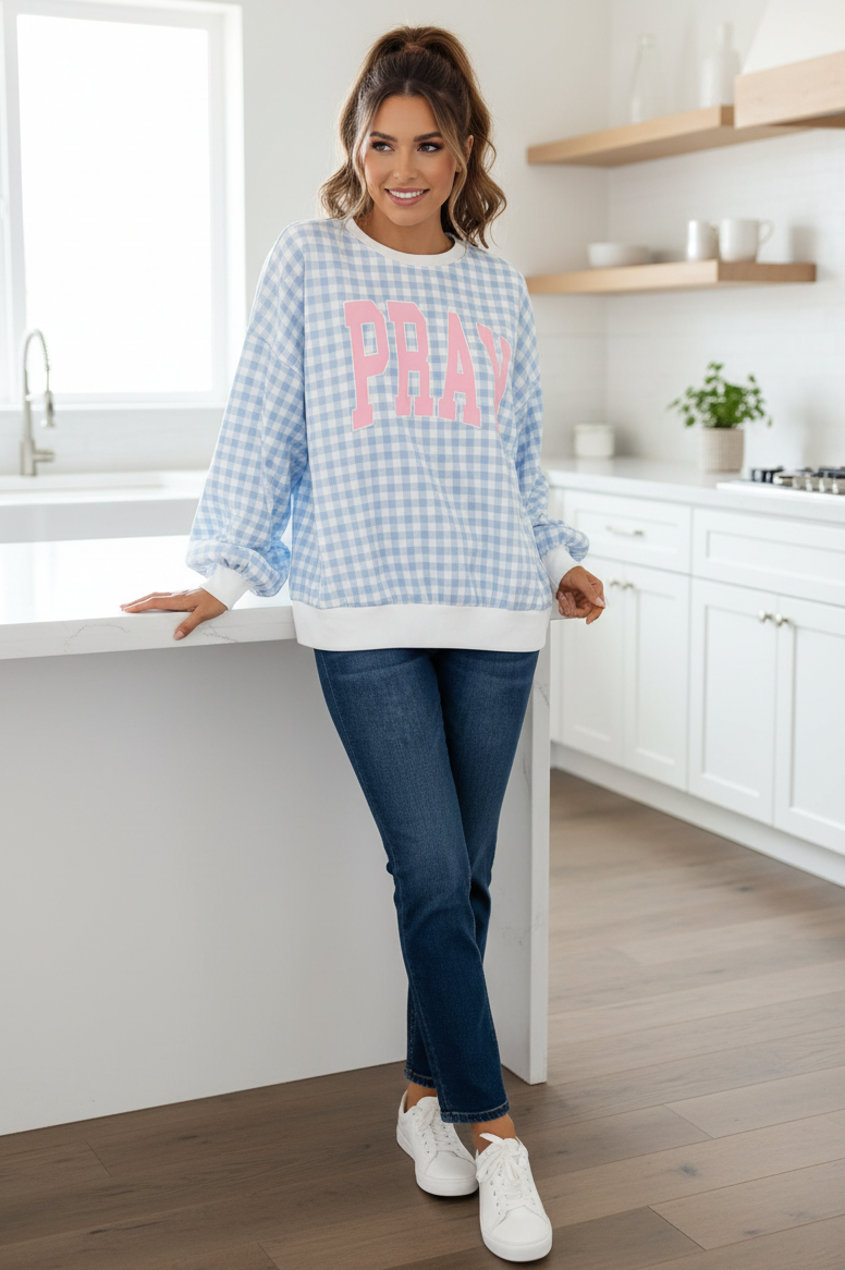 Oversized PRAY Graphic Check Gingham Plaid Balloon Sleeve Crew Neck Sweatshirt