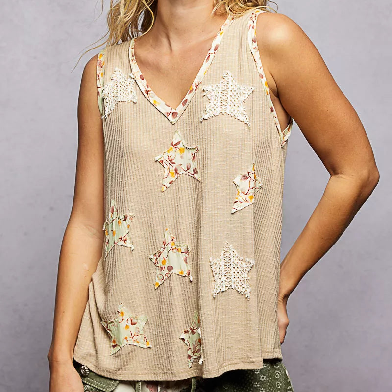 POL Boho Floral Star Patchwork Retro Ribbed Tank Top V-Neck Sleeveless Shirt Wheat Beige