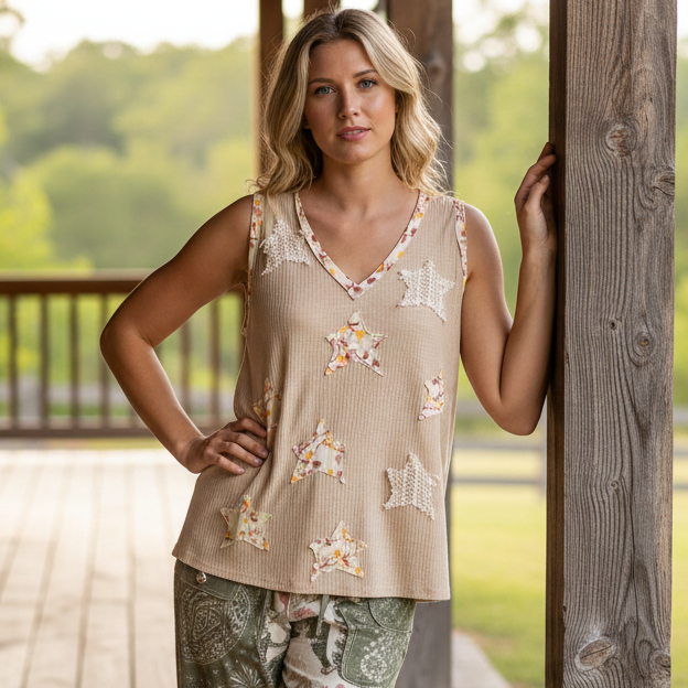 POL Boho Floral Star Patchwork Retro Ribbed Tank Top V-Neck Sleeveless Shirt Wheat Beige