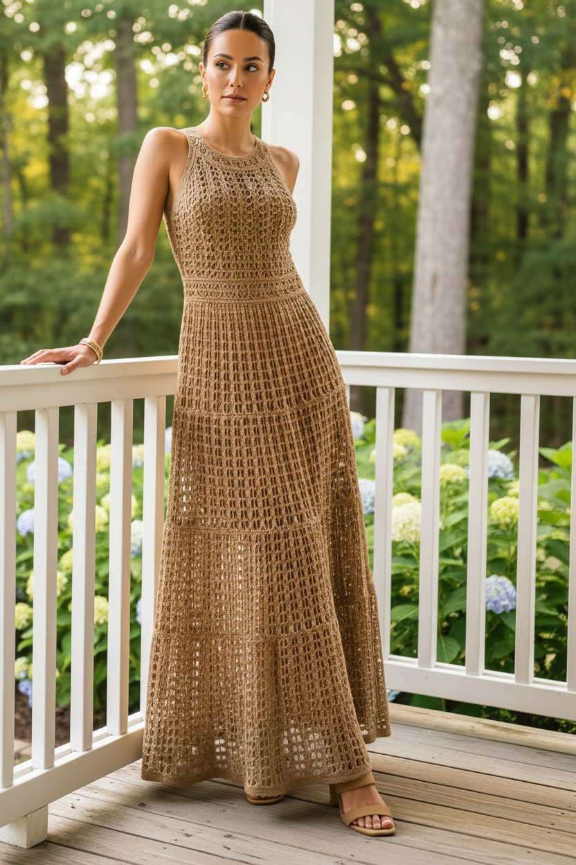 Openwork Crochet Knit Sleeveless Round Neck Illusion Mini Lined A-line Maxi Dress