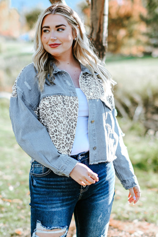 Leopard Print Patchwork Denim Torn Blue Distressed Jean Jacket Button-Up Front Plus Size