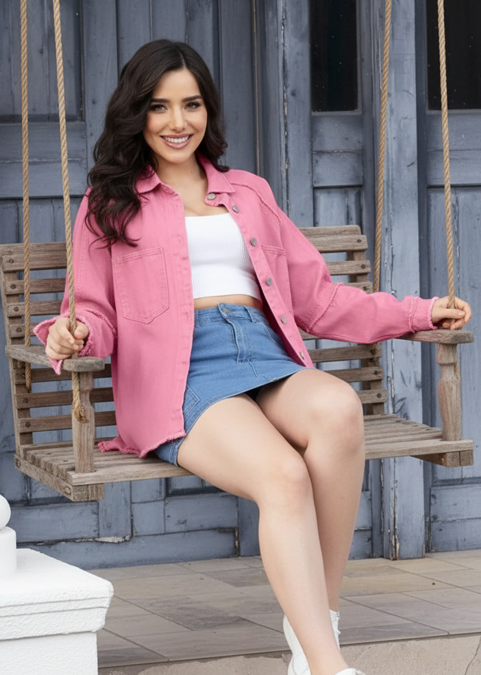 Lightweight Raw Hem Button-Up Shacket Oversized Boyfriend Exposed Seam Denim Jacket