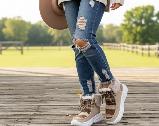 Warm Lined Ankle Boots Wide Faux Fur Cuff Lace-Up Outdoor Winter Shoes