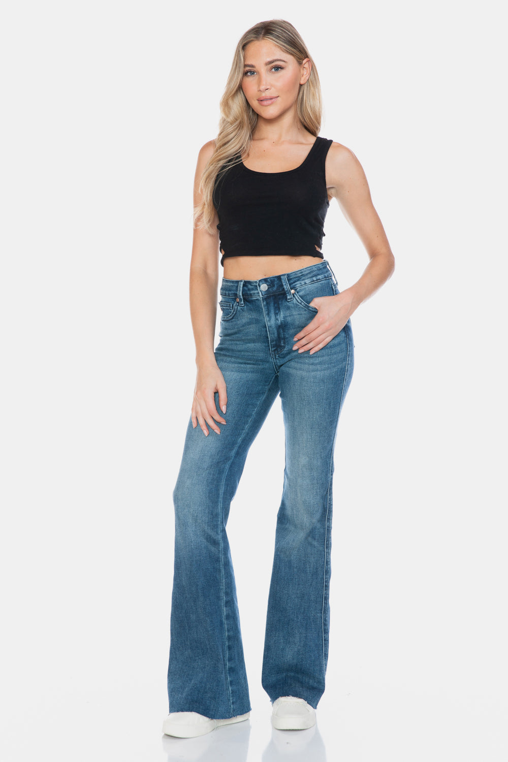 Judy Blue Tummy Control Mid-Rise Jeans Slim Fit Tapered Flare Cut-off Denim Pants