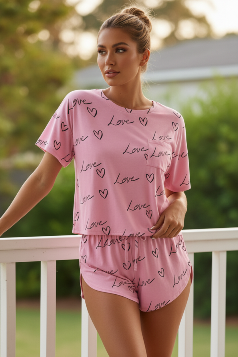 Loungewear 2-Piece Pajama Set Tee Shirt Drawstring Tulip Envelope Curved Hem High-cut Dolphin Shorts Sleepwear