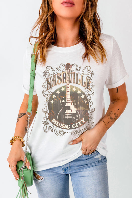 Nashville Music City Rustic Graphic Shirt Retro Guitar Americana Short Sleeve Top