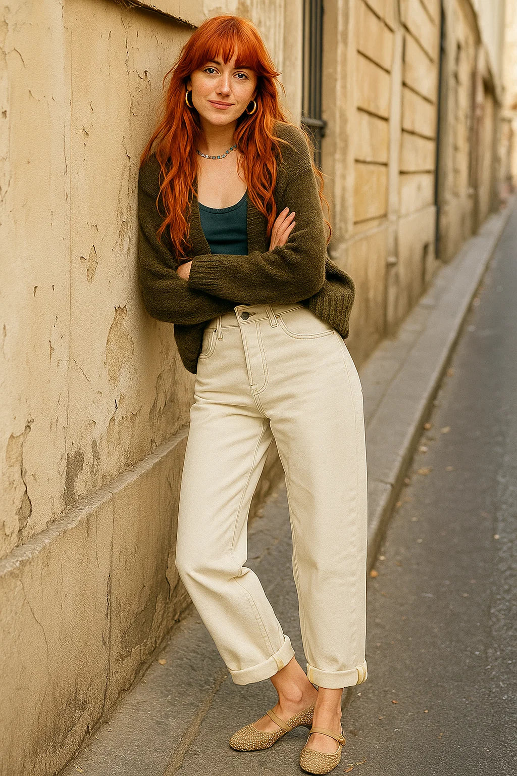 RISEN Barrel Jeans High-rise Tapered Cuffed Palazzo Cropped Hem Denim Pants Ivory