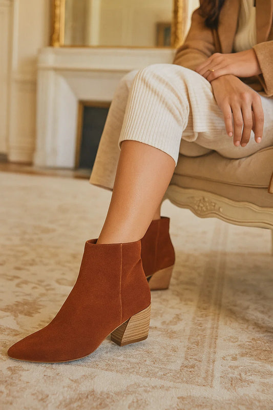 Kensie Womens Brown Suede Boots Classic Ankle Bootie Pointed Toe Shoes Chunky Block Heel