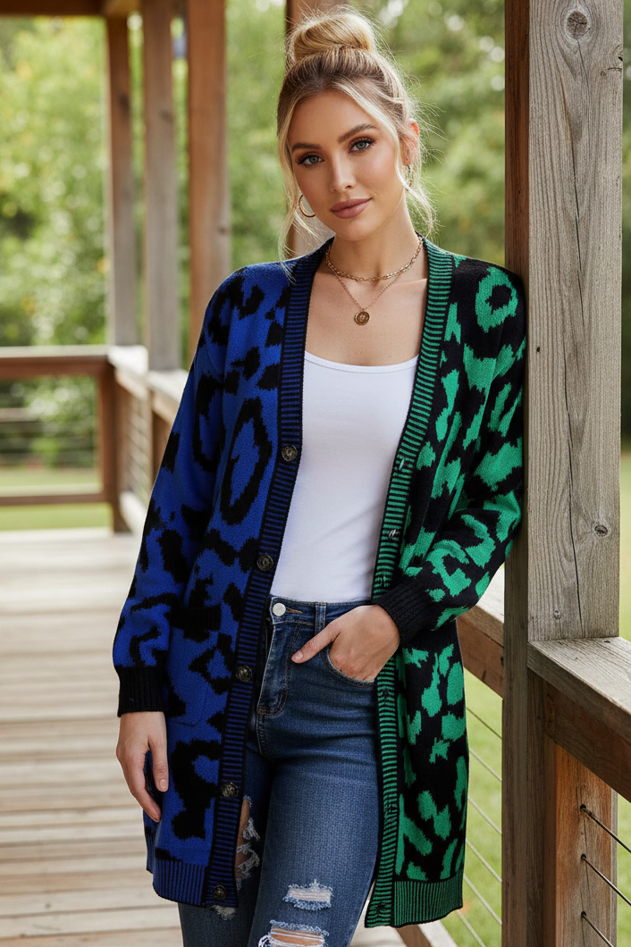 Colorblock Leopard Print Longline Button Front Long Sleeve Oversized Cardigan