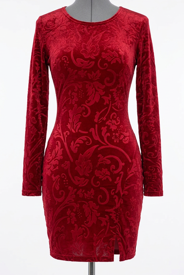 Floral Velvet Scroll Burnout Bodycon Long Sleeve Front Slit Romantic Fitted Mini Dress