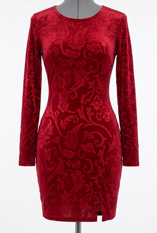 Floral Velvet Scroll Burnout Bodycon Long Sleeve Front Slit Romantic Fitted Mini Dress