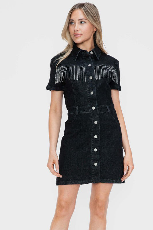 bytos Denim Rhinestone Fringe Pocket Jacket Dress Jean Collar Button-up  Mini