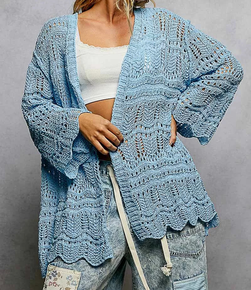 POL Openwork Granny Knit Scalloped Edge Long Sleeve Open Front Cardigan Sky Blue
