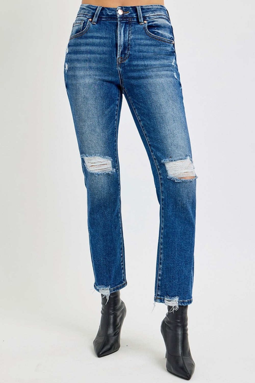 RISEN Distressed High-Rise Waist Slim Fit Jeans Ripped Cropped Denim Pants