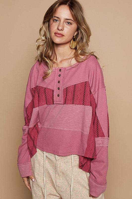 POL Eyelet Patchwork Waffle Knit Exposed Seam Top Embroidered Heart Oversized Shirt