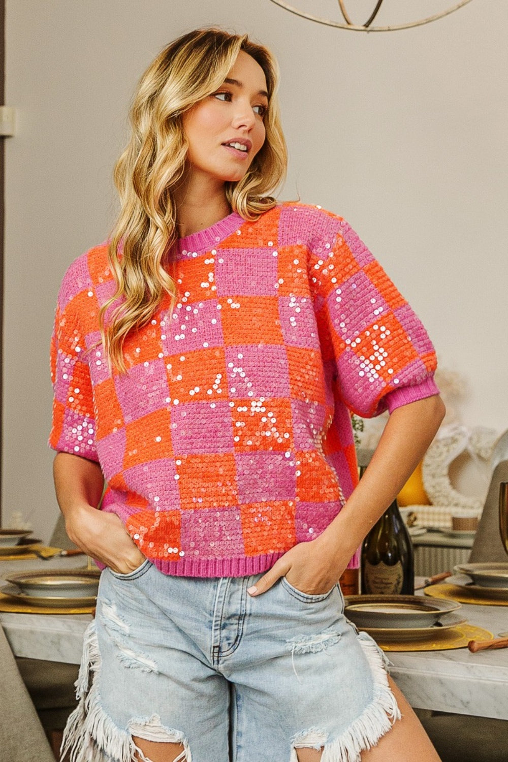 BiBi Sequin Knit Sweater Bright Checkered Top Sparkling Half Sleeve Retro Glam Shirt