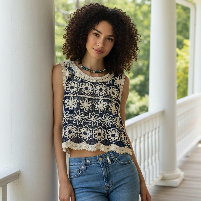 POL Crochet Openwork Floral Tank Top Round Neck Cropped Sleeveless Boho Shirt Cream Blue