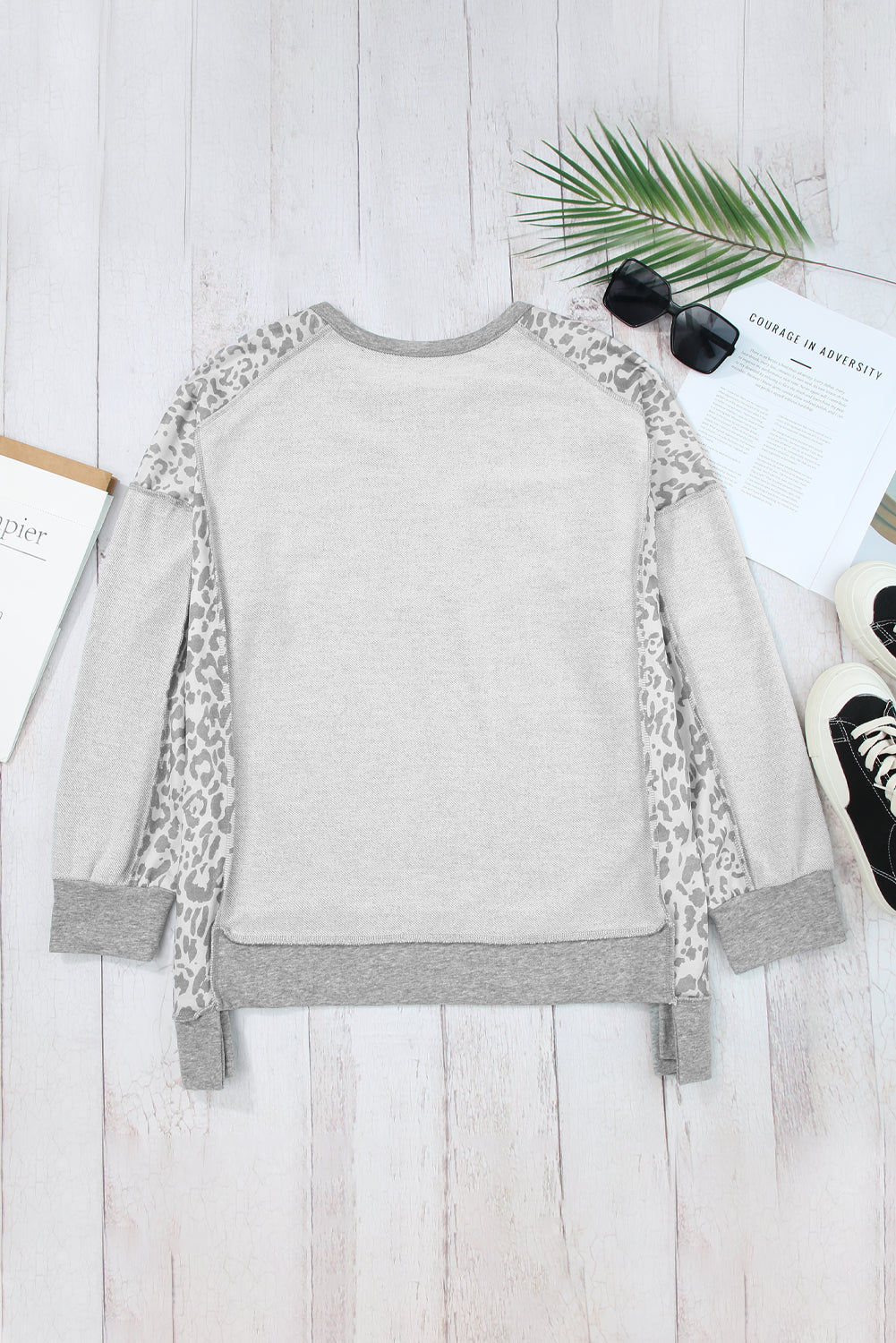 Leopard Patchwork Sweatshirt Exposed Seam Long Sleeve Button Top Oversized Shirt