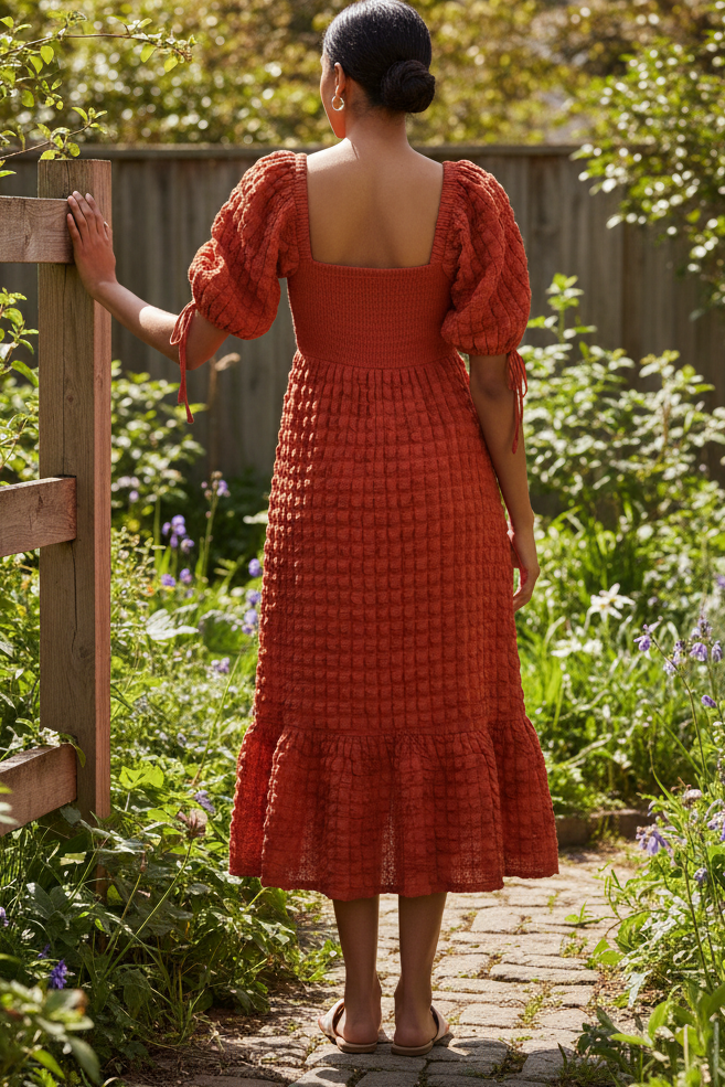 3D Popcorn Bubble Textured Sweetheart Neck Short Sleeve Smocked Back Tiered Midi Dress