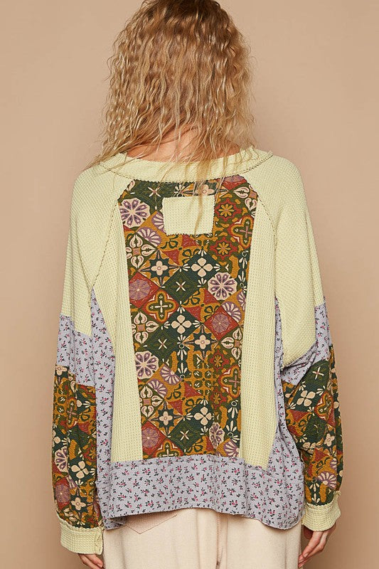 POL Patchwork Waffle Knit Retro Floral Exposed Seam Blouse Top Hippie Boho Shirt