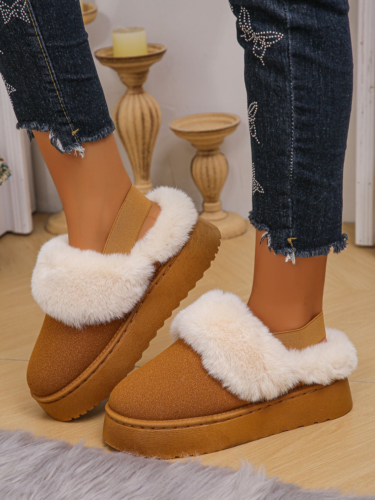 Platform Slippers Funkette Plush Faux Fur Slip-on Vegan Suede Ankle Strap Shoes