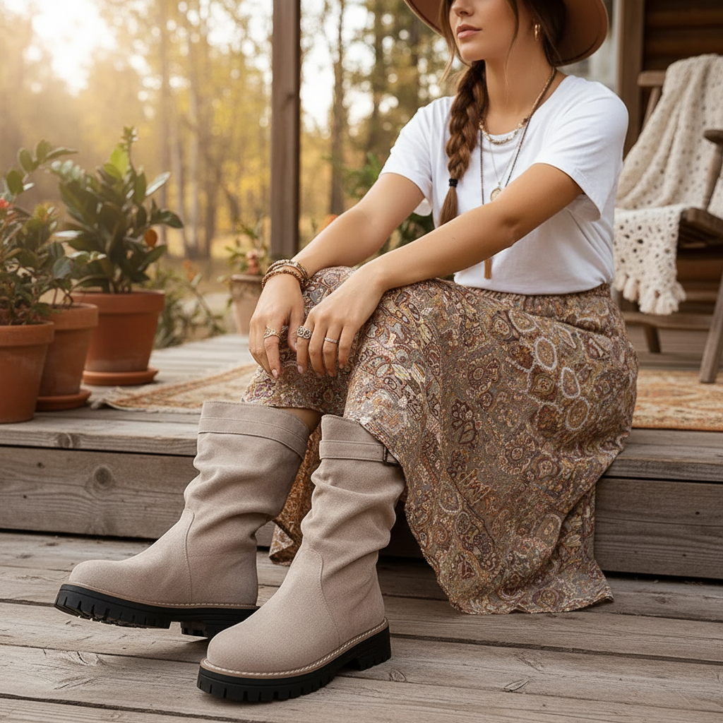 Buckle Wrap Slouch Boots Chunky Lug Block Heel Mid Calf Faux Suede Pull-on Shoes