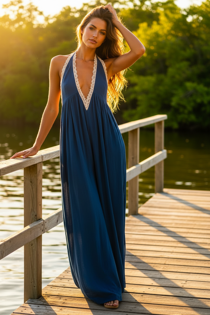 Lace Trim Plunging V-Neck Ultra Wide Leg Boho Jumpsuit Sleeveless One-Piece Outfit