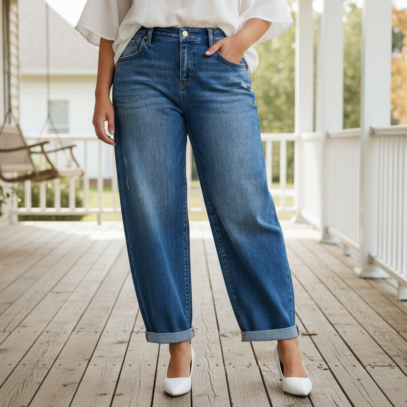 Risen Mid-Rise Barrel Leg Relaxed Fit Roll Cuff Jeans Ankle Legth Denim Horseshoe Balloon Pants