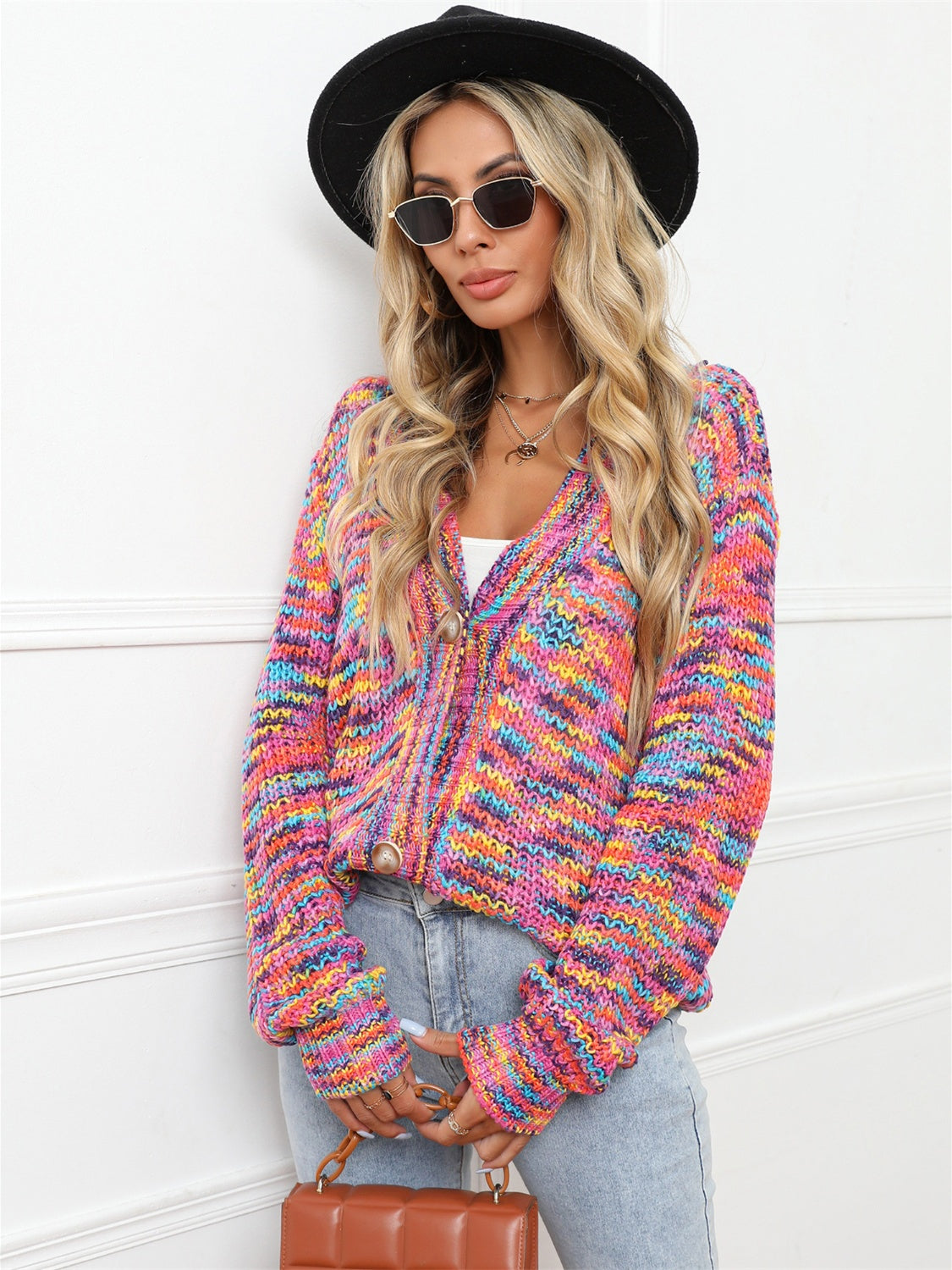 Bright Colorful Knit Long Sleeve V-neck Patck Pocket Cardigan Button-Up Sweater