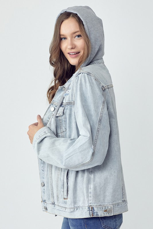 RISEN Hoodie Distressed Cotton Blue Jean Long Sleeve Collar Button-Up Denim Jacket