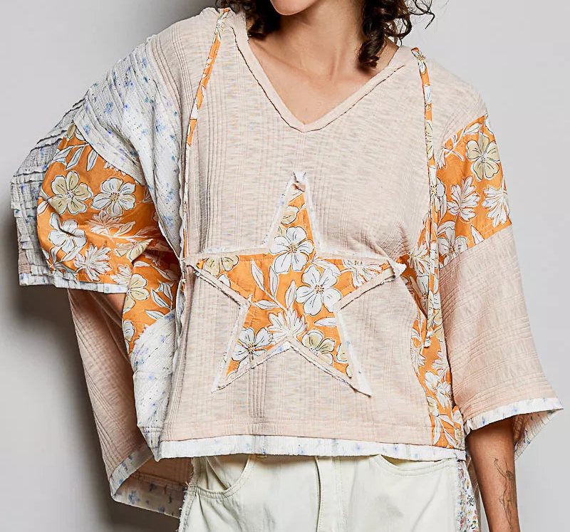 POL Star Oversized Floral Lace Patchwork Hoodie Blouse Raw Seam Retro Boxy Top Wheat Beige