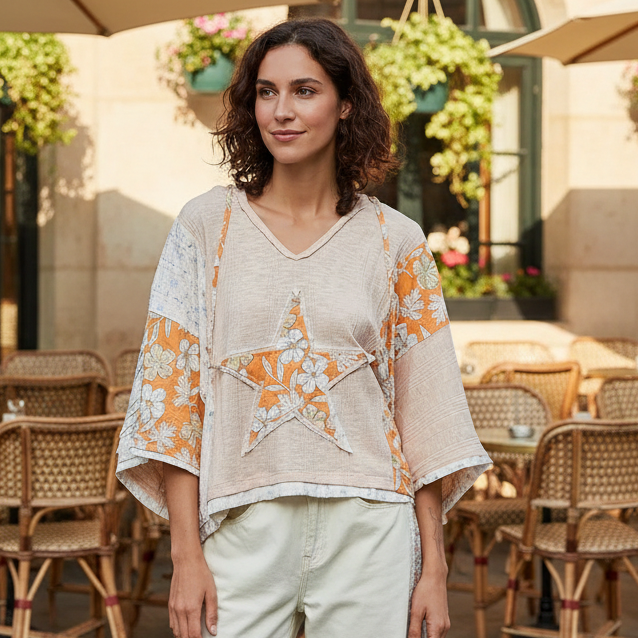 POL Star Oversized Floral Lace Patchwork Hoodie Blouse Raw Seam Retro Boxy Top Wheat Beige