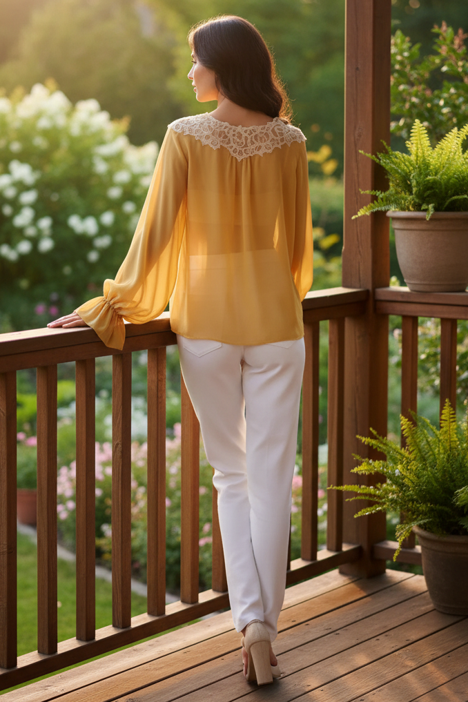 Bow Tie Front Sheer Chiffon Blouce Lace Trim Baloon Flounced Bell Cuff Sleeve