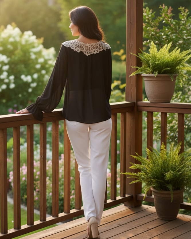 Bow Tie Front Sheer Chiffon Blouce Lace Trim Baloon Flounced Bell Cuff Sleeve