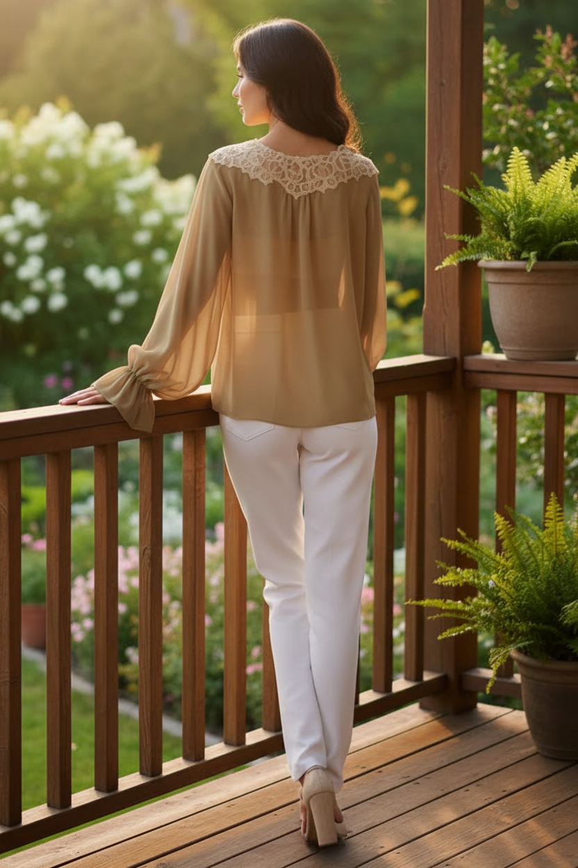 Bow Tie Front Sheer Chiffon Blouce Lace Trim Baloon Flounced Bell Cuff Sleeve