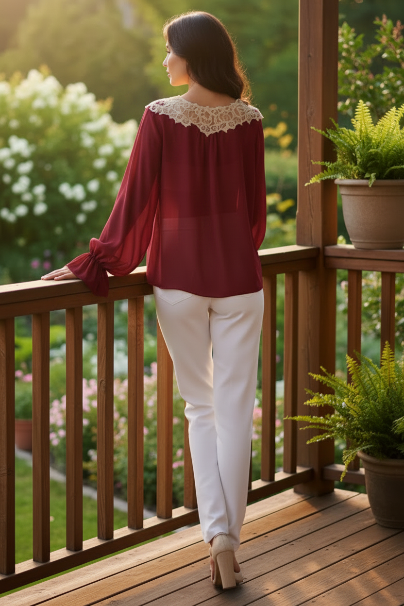 Bow Tie Front Sheer Chiffon Blouce Lace Trim Baloon Flounced Bell Cuff Sleeve