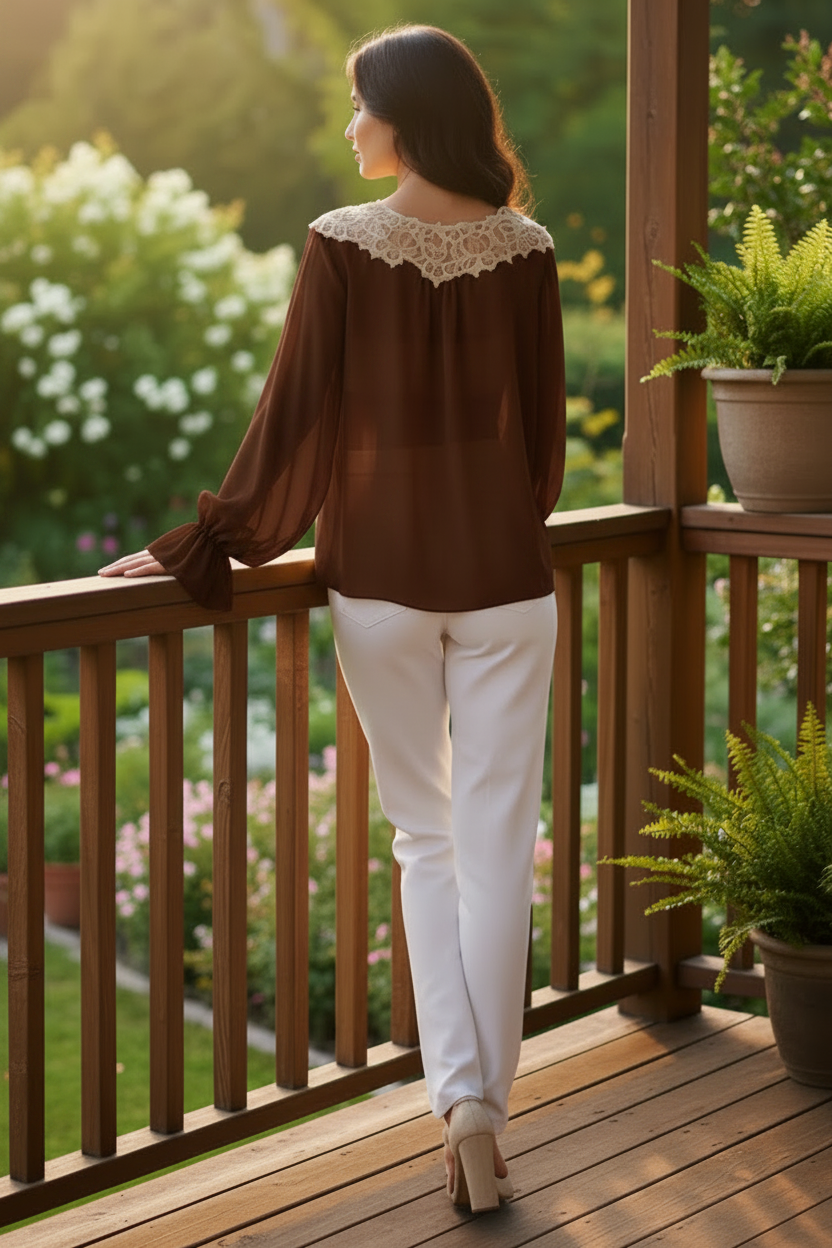 Bow Tie Front Sheer Chiffon Blouce Lace Trim Baloon Flounced Bell Cuff Sleeve