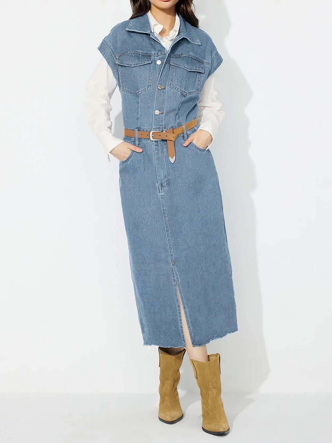 Denim Jacket Dress Pocket Chest Jean Collared Midi Half Button Slit Front