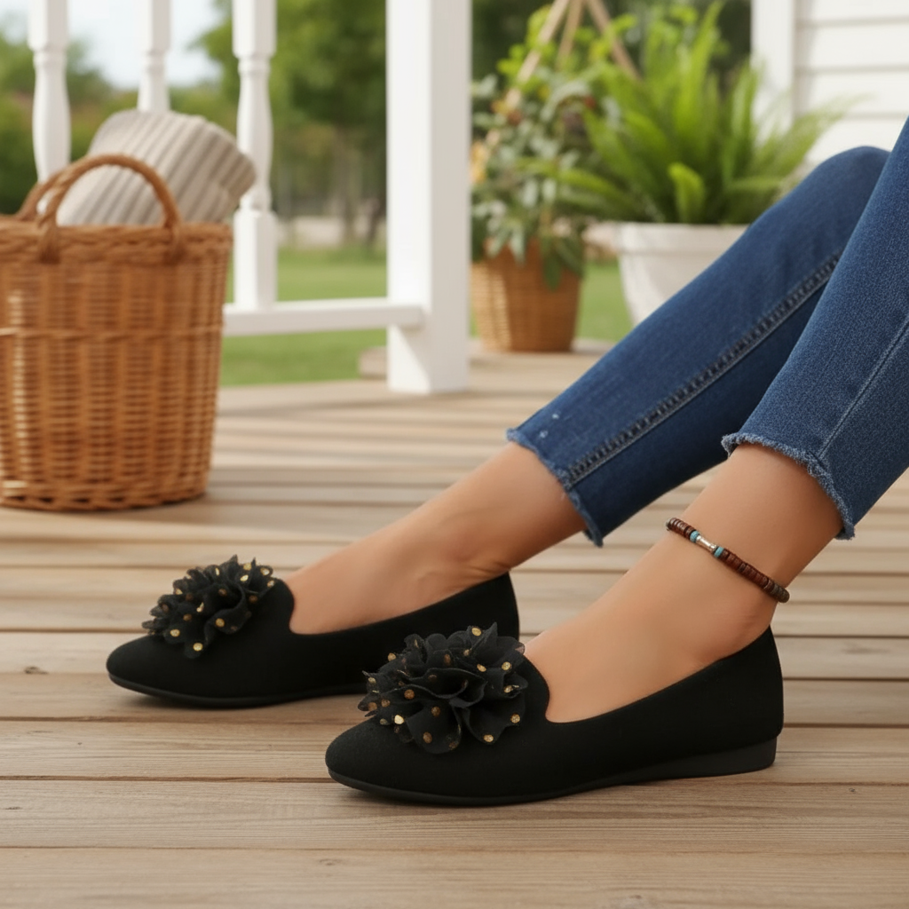 Polka-dot 3D Flower Vegan Leather Ballet Flats Almond Toe Dramatic Slip-on Shoes