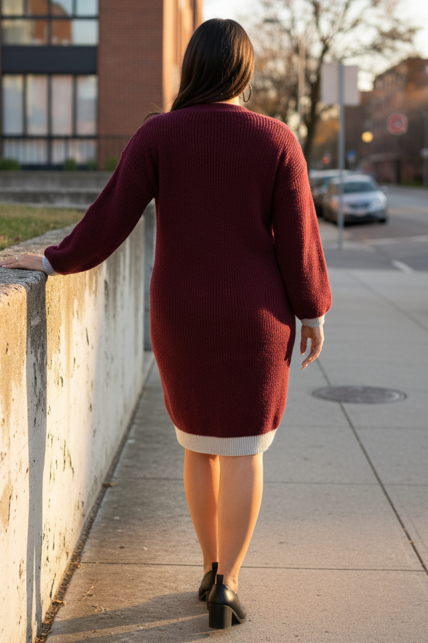 Varsity Stripe Plus Size V-Neck Contrast Trim Long Sleeve Knee Length Knit Sweater Dress