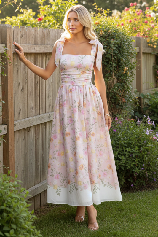 Retro Floral Bow Tie Shoulder Ruched Waist Square Neck Fit and Flare Midi Dress